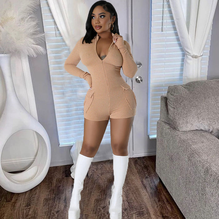 V neck Pocket Long Sleeve Sexy Zipper Stretch Shorts Jumpsuit