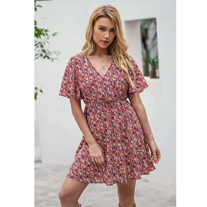 Self Developed Empty Summer Red V neck Floral High Waist Short Dress