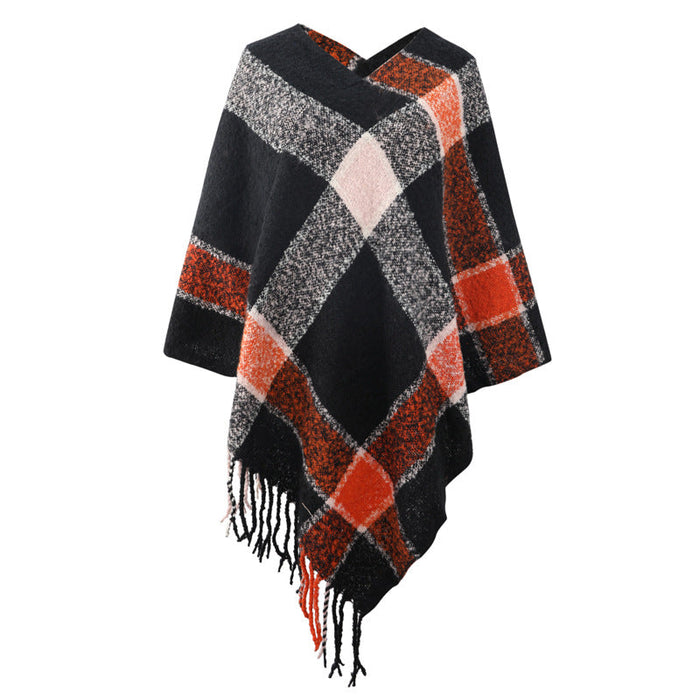 Autumn Winter Cashmere Contrast Color Striped Cloak Knitted Tassel Scarf Shawl Women