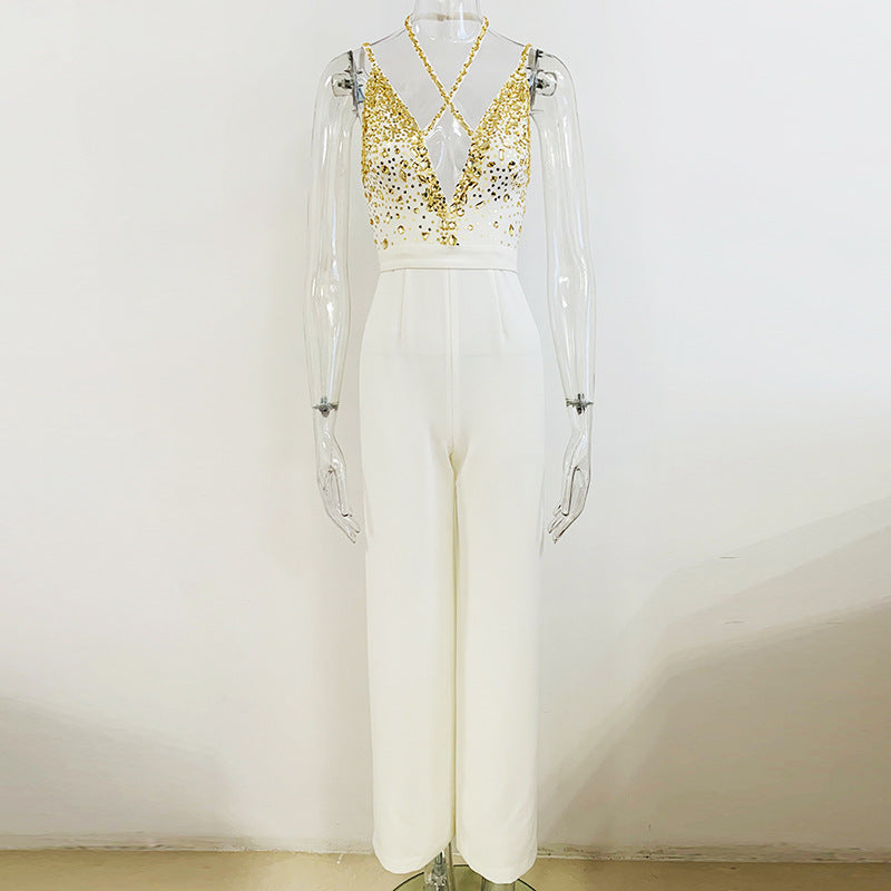 Star Spring Summer Heavy Industry Manual Beaded Sequ Sexy V Strap Straight Jumpsuit