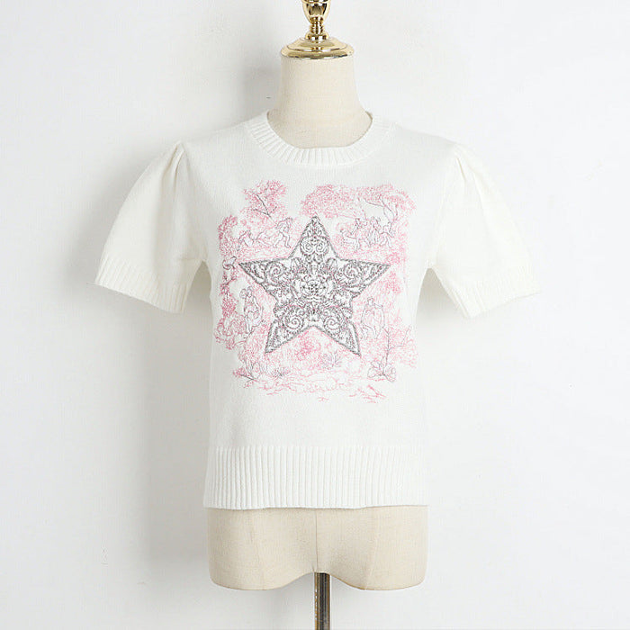 Round Neck Cropped Short Sleeved Top Early Spring Machine Embroidery Five Pointed Star Pattern Sweater