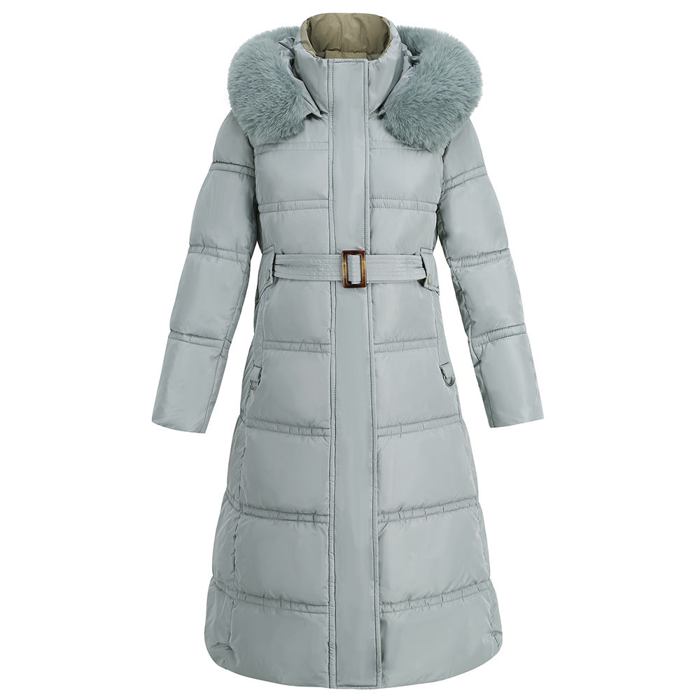 Fur Collar Contrast Color Coat Winter Slim Slimming down Cotton Padded Jacket Mid Length Coat for Women