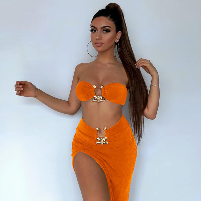 Women Clothing Tube Top Open Cropped Backless Top Sexy High Split Sheath Skirt Two Piece Set