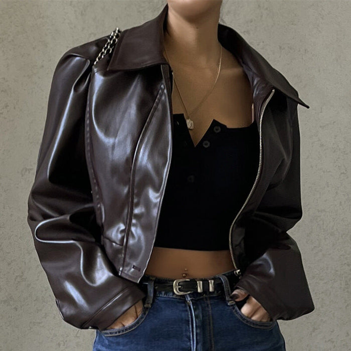 Women Clothing Autumn Retro Collared Zipper Faux Leather Casual Jacket Coat