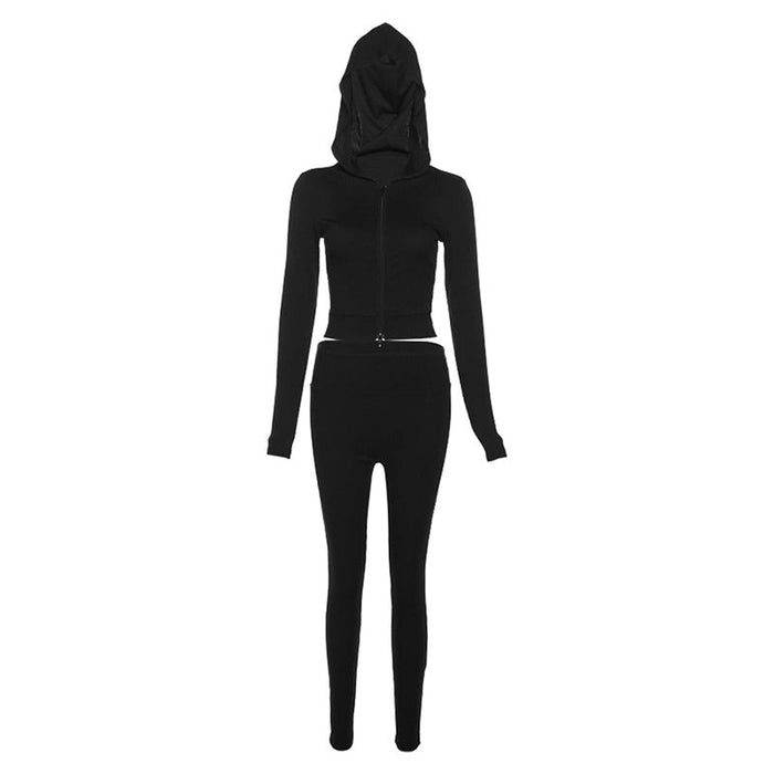 Fall Women Clothing Casual Hooded Coat High Waist Slim Trousers Set Women