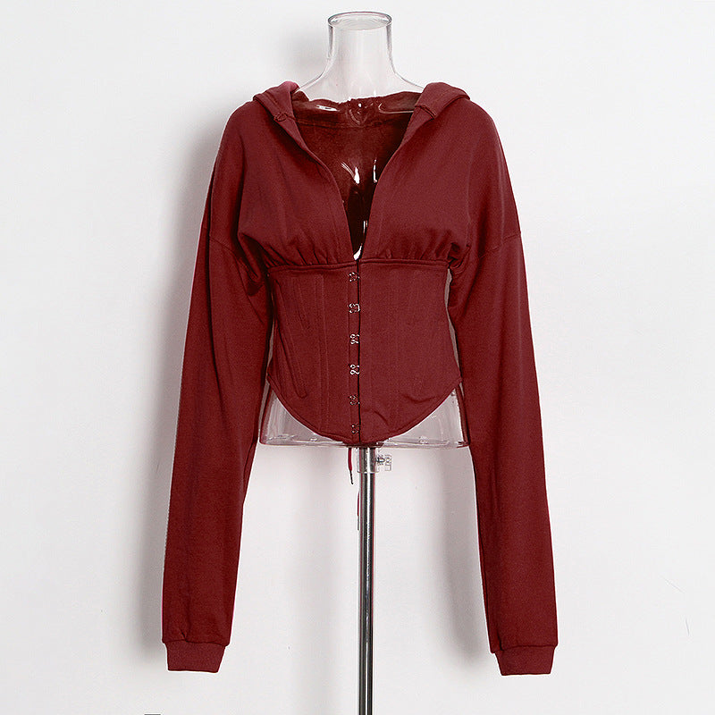 Optional Women Sweater Autumn Solid Color Waist Tied Single Breasted Short Stitching Hoodie