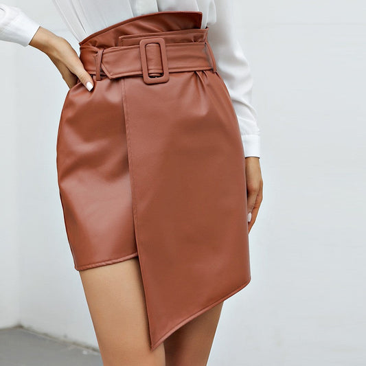 Autumn Winter Irregular Asymmetric All-Matching Sexy Hip Skirt Belt Solid Color Faux Leather Skirt Women