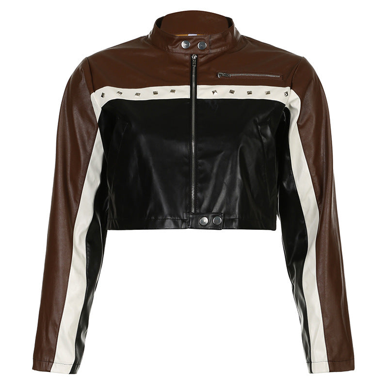 Autumn Winter Punk Locomotive Women Rivet Zipper Pocket Faux Leather Contrast Color Short Coat Jacket