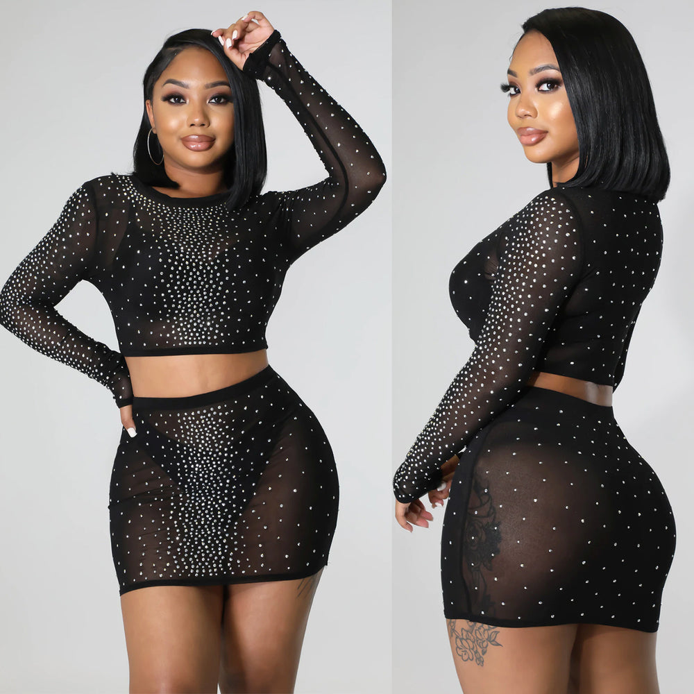 Summer Women Clothing Sexy Mesh Drilling See through Long Sleeve Short Dress Two Piece Set