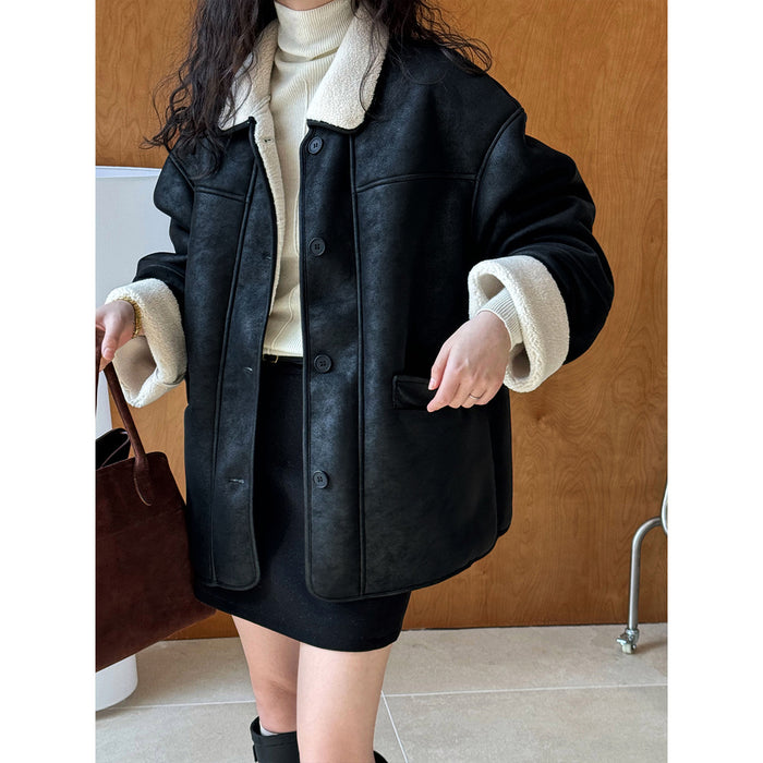 Retro Distressed Faux Shearling Jacket Lamb Plush Coat Korean Collared High-Grade Motorcycle Leather Coat