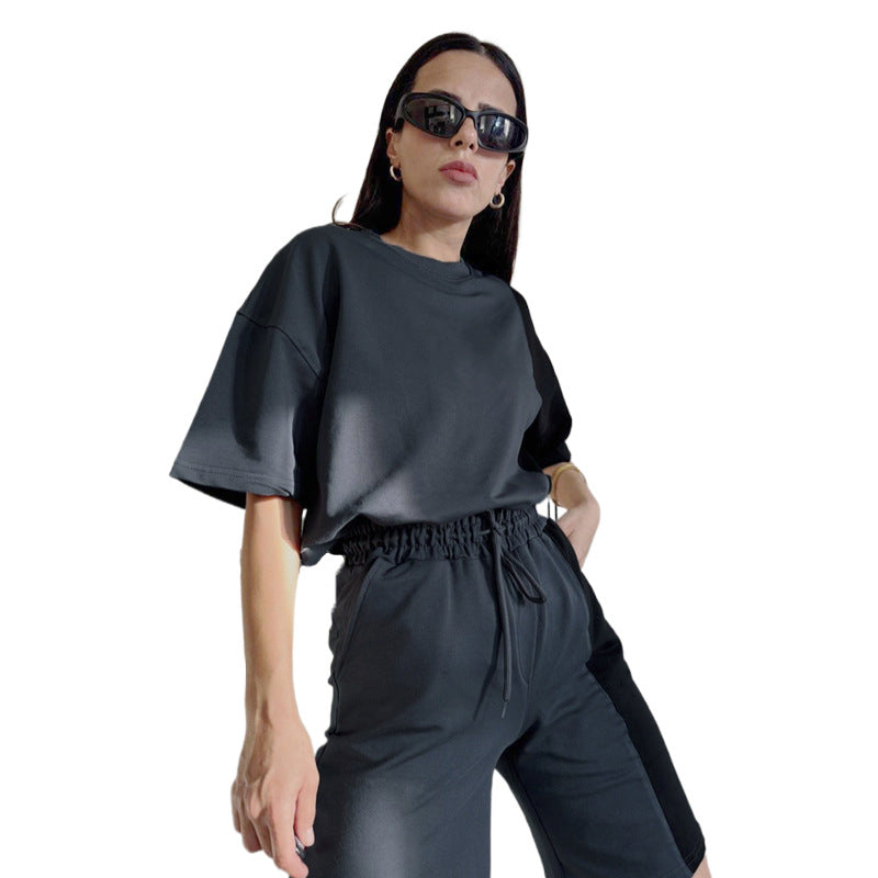 Spring Summer Solid Color round Neck Short Sleeves Women Two Piece Suit All Matching Loose Outfit