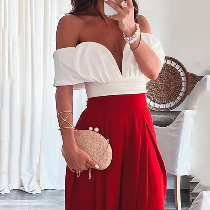 Women Suit Summer Sexy Off Shoulder Short Sleeved Shirt Wide Leg Pants Two Piece Set