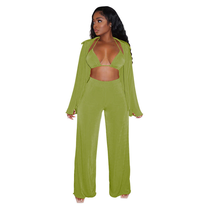 Women Clothing Long-Sleeved Bikini Wide-Leg Pants Solid Color Casual Set