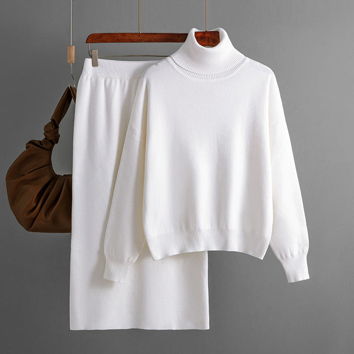 Solid Color Turtleneck Sweater Sheath Skirt Two Piece Set Autumn Winter Knitting Suit Women