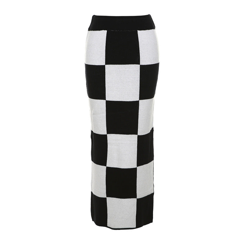 Fall Women Clothing High Waist Slim Fit Slit Hip Wrapped Chessboard Plaid Skirt for Women