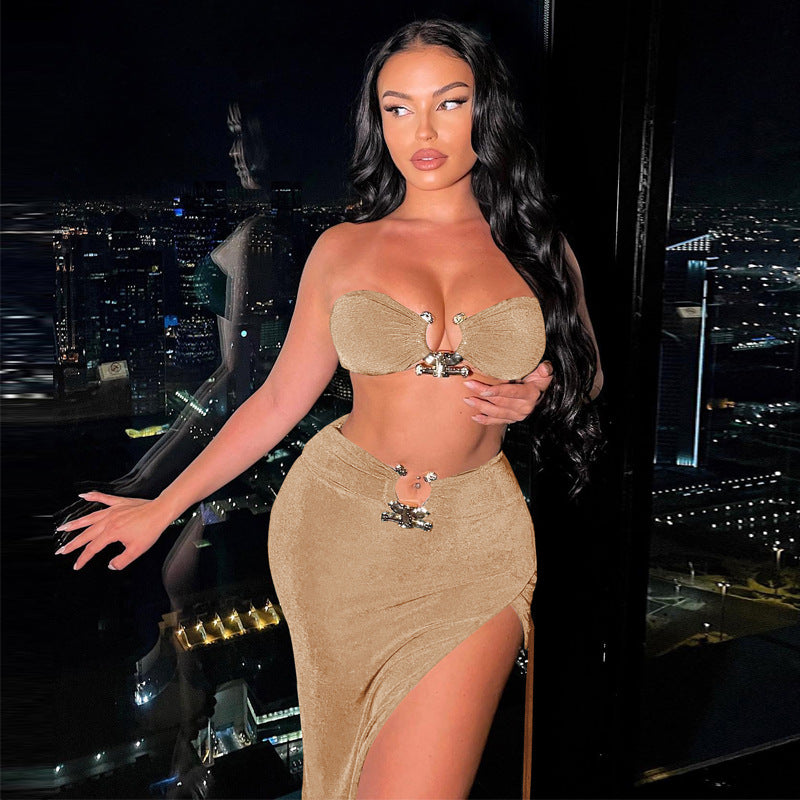 Women Clothing Tube Top Open Cropped Backless Top Sexy High Split Sheath Skirt Two Piece Set