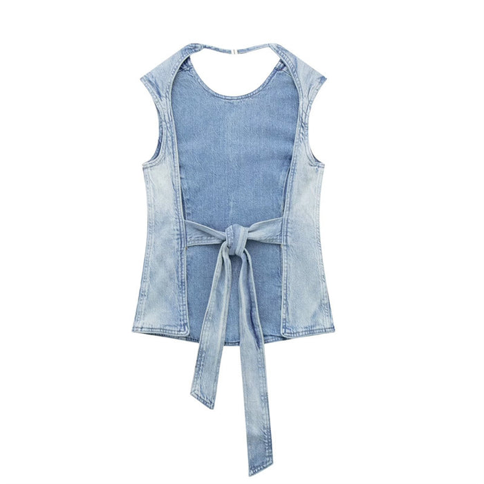 【MOQ-5 packs】 Halter Design Solid Color Camisole Bow Tie Slim Top Summer Washed Denim Vest Women