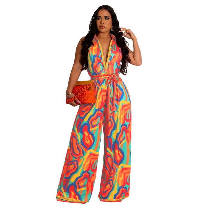 Women Clothing Summer Printed Sleeveless V-neck Wide Leg Jumpsuit for Women