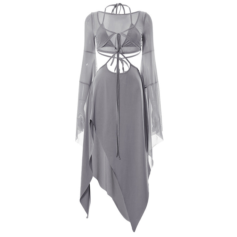 Special Interest Irregular Asymmetric Design Mesh Stitching Skirt Set Summer