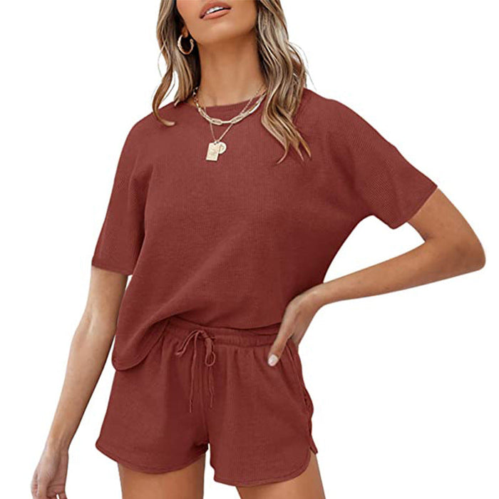 Rib Short-Sleeved Home Wear Solid Color Casual Two-Piece Pajamas Suit