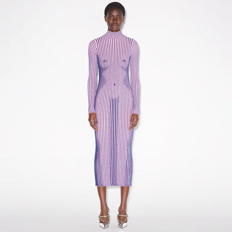 Autumn round Neck Long Sleeve Striped Printed Slim Fit High Waist Maxi Dress