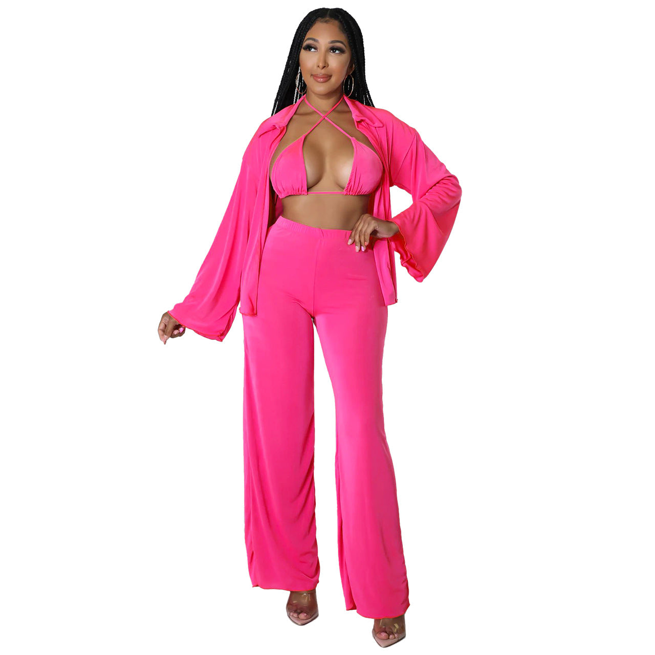 Plus Size Women Clothes Nightclub Sexy Cropped Outfit Cardigan Bell Sleeve Casual Three-Piece Suit