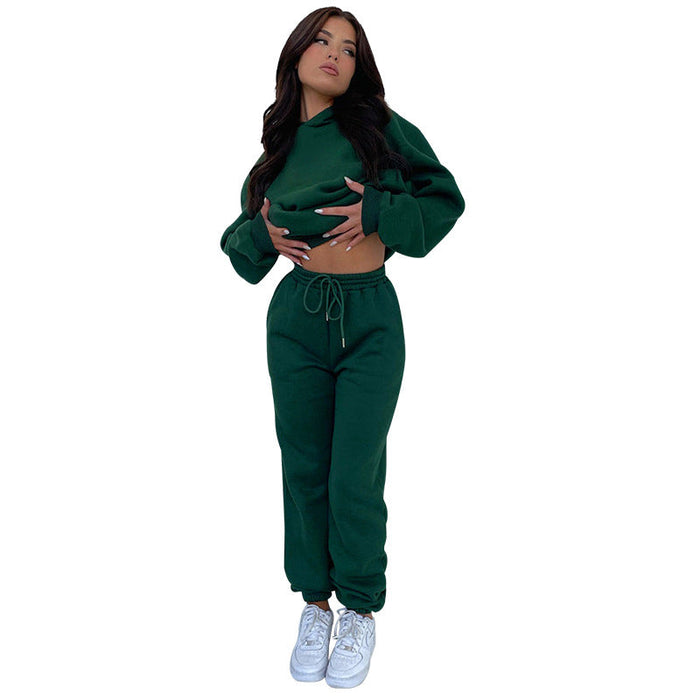 Autumn Winter Solid Color Long Sleeve Hooded Fleece Lined Sweater Women Casual Trousers sets