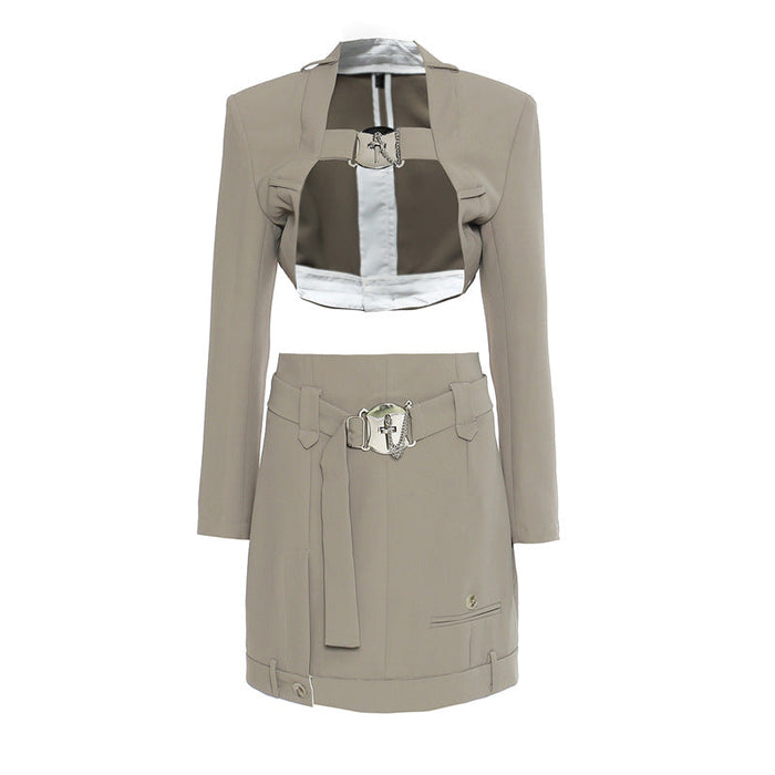 Autumn Handsome Short Metal Fastener Coat Skirt Two Piece Market Suit Women