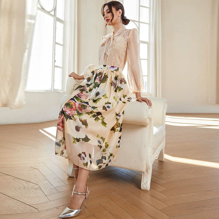 Round Neck Tulle Elegant Pattern High Waist Print Elegant Outfit