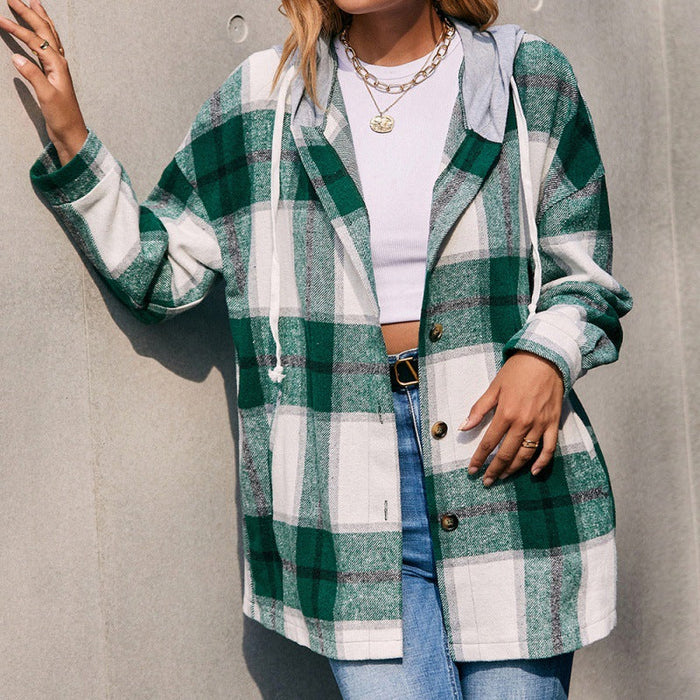 Plaid Shacket Hooded Loose Casual Shacket Jacket Outerwear