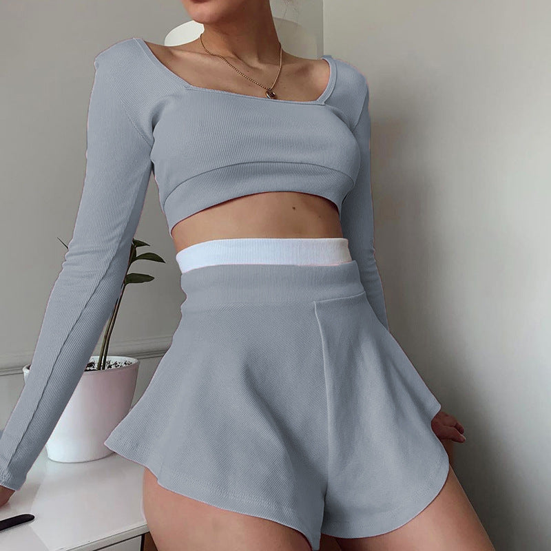 Sports Women Clothing Contrast Color Fit Top Sexy Culottes Suit