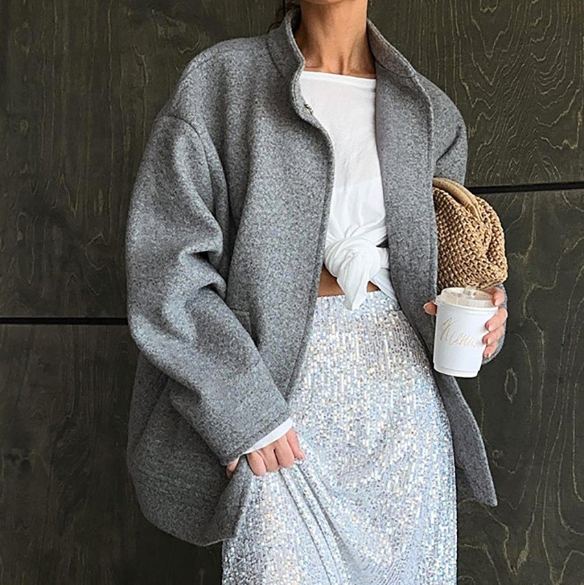 Gray Woolen Coat Graceful Stand Collar Autumn Winter High Sense Office All Matching Top for Women