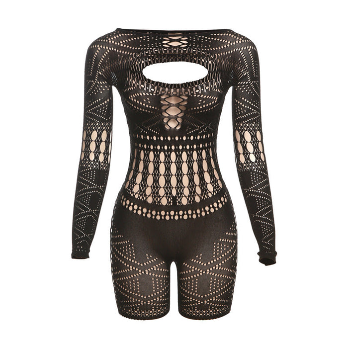 Summer Women Clothing Sexy Cutout Lace See through High Waist Tight Knitted Short Romper Women