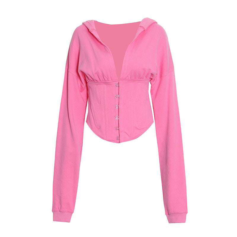 Optional Women Sweater Autumn Solid Color Waist Tied Single Breasted Short Stitching Hoodie