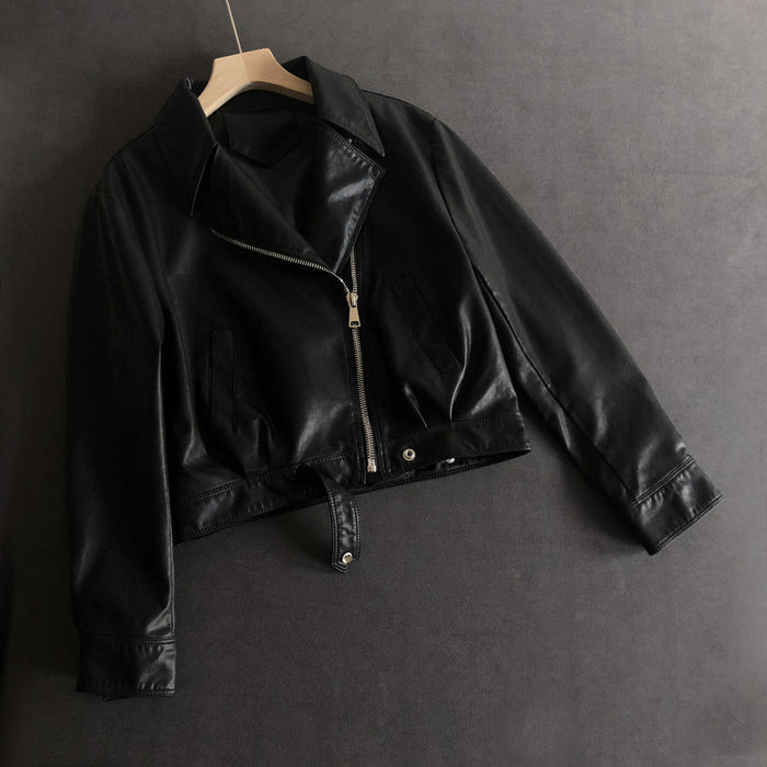 Autumn Women Faux Leather Coat Motorcycle Pointed Collared Leather Jacket Coat