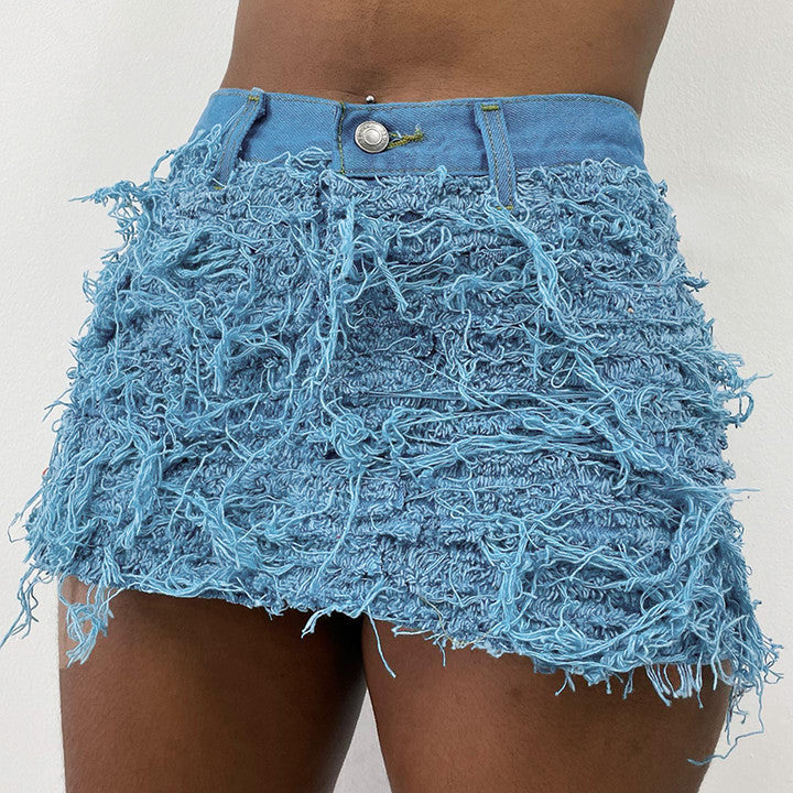 Women Clothing Summer Bright Tassel Tight Stretch Free Denim Skirt