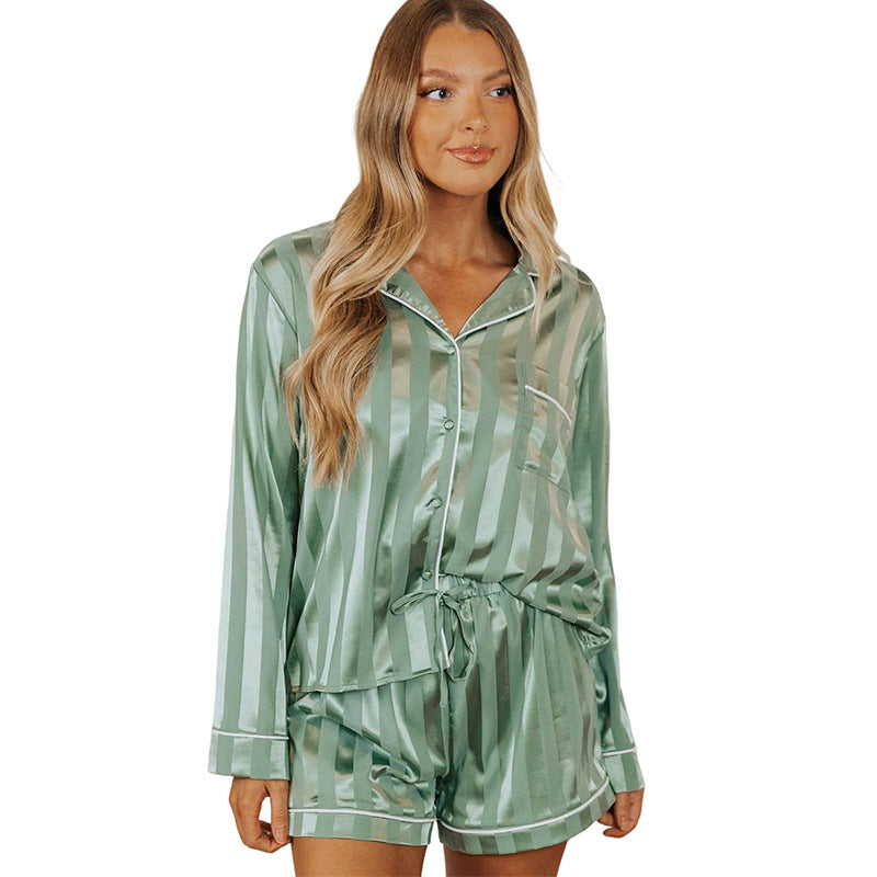 Autumn Loungewear Suit Women Solid Color Satin Long Sleeve Shorts Collared Breasted Home Wear