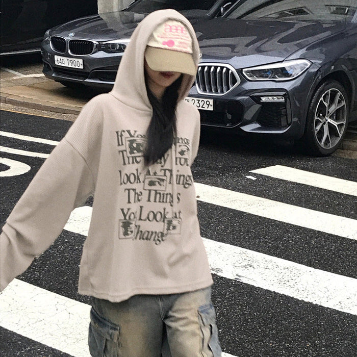 Hip Hop Street Letter Graphic Print Hooded Lace Sweater Loose Casual Sexy Autumn Thin Top