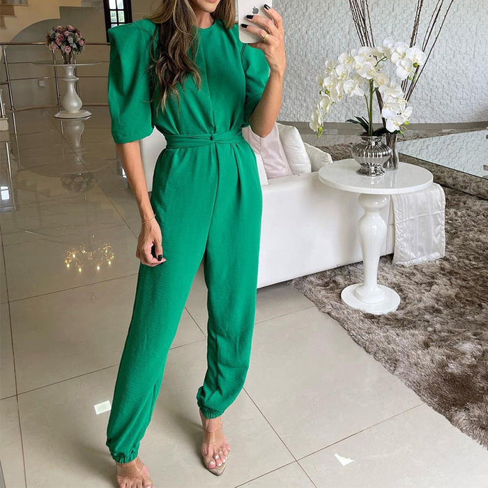 Spring Women Crew Neck Half Sleeve Solid Color Skinny Jumpsuit