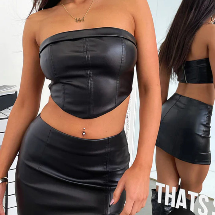 Women Clothing Summer Tube Top Backless Open Cropped Sexy Top Hip Split Skirt Set