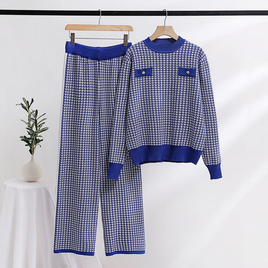 Casual Women Clothing Long Sleeved Wide Leg Pants Houndstooth Two Piece Set Office Daily Two Piece Set