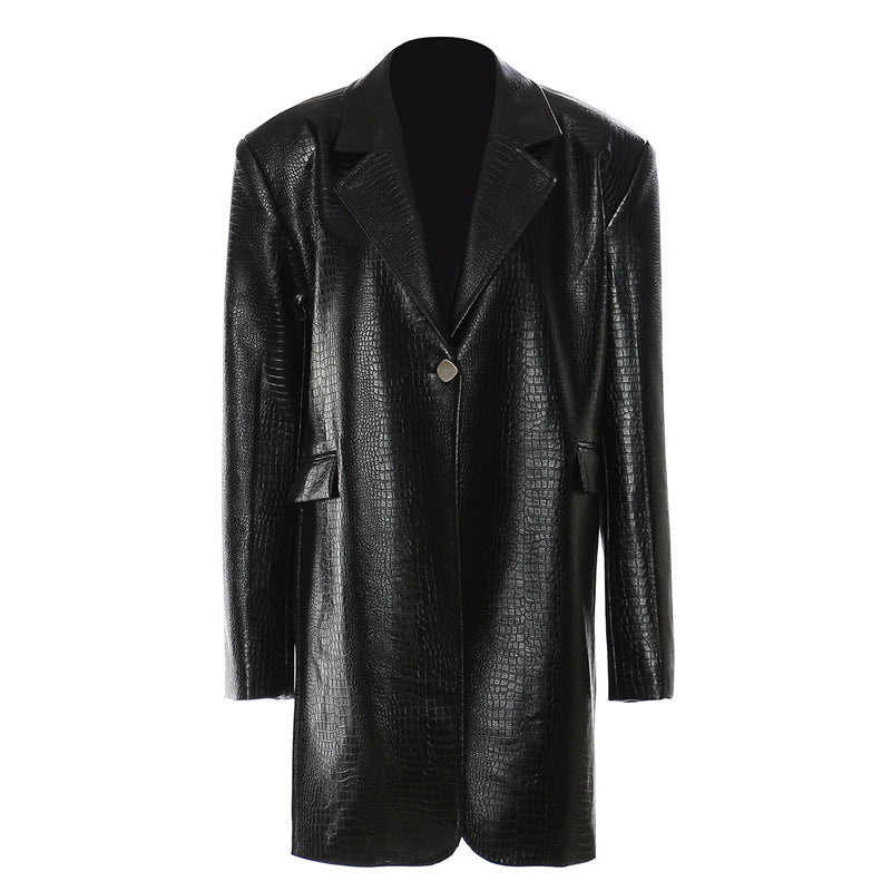 Autumn Winter Stone Pattern Leather Mid Length Split Overcoat Trench Coat Blazer