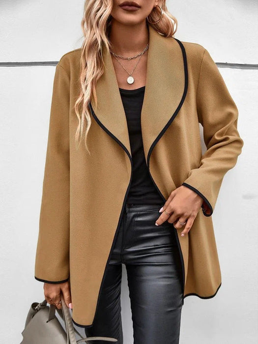 Autumn Winter Solid Color Polo Collar Slim Fitting All Matching Long Sleeved Woolen Coat Women