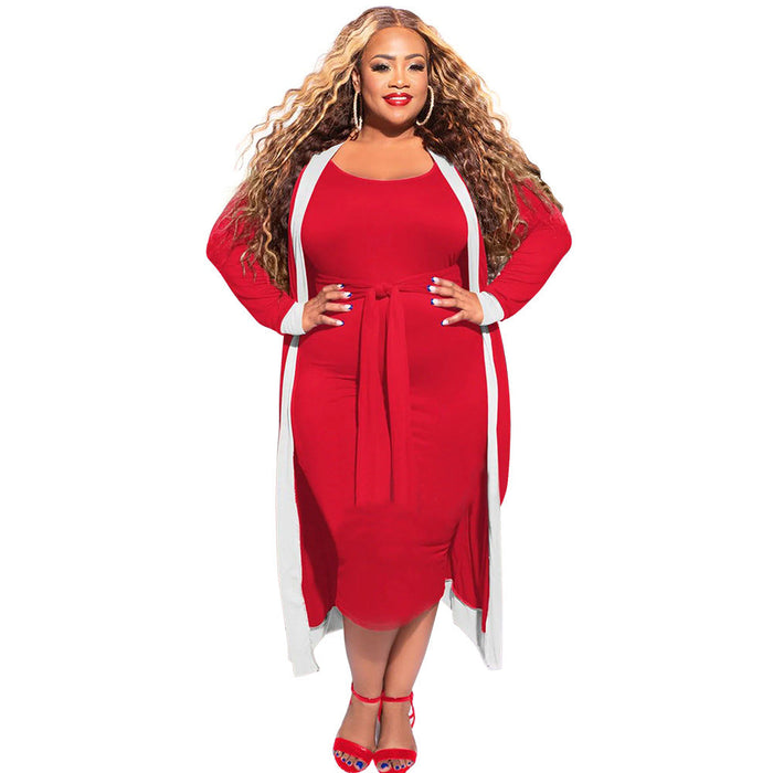 plus Size Chubby Women Clothes Casual Solid Color Striped Stitching Long Sleeve Coat Lace up Vest Dress Set Women