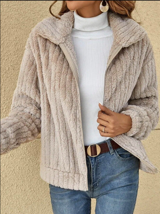 Women Clothing Autumn Winter Sunken Stripe Velvet  Collared Short Coat Outerwear