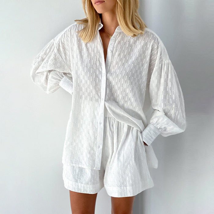 Summer French White Jacquard Cotton Puff Sleeve Casual Shorts Suit Ladies Homewear Cool Pajamas