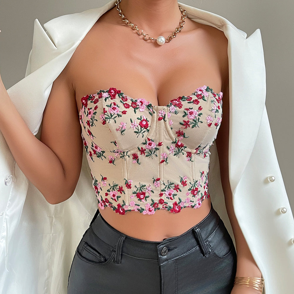 Spring Summer Lace Floral Embroidered Top Trendy Short Exposed Cropped Breasted Tube Top