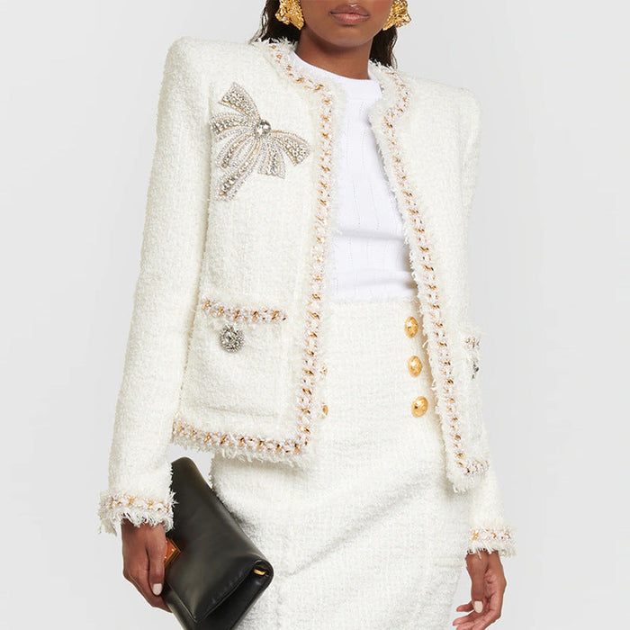 Chain Edge Bow Beaded Classic Tweed Jacket Coat