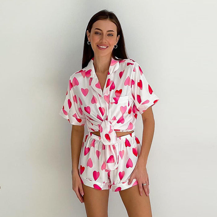 Heart Printing Pajamas Women Summer Short Sleeve Shorts Suit Loose Ice Silk Home Wear