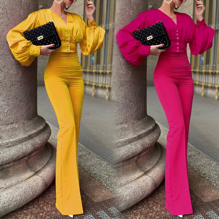 Women Clothing Short Shirt Slim Fit High Waist Flared Pants Two-Piece Set